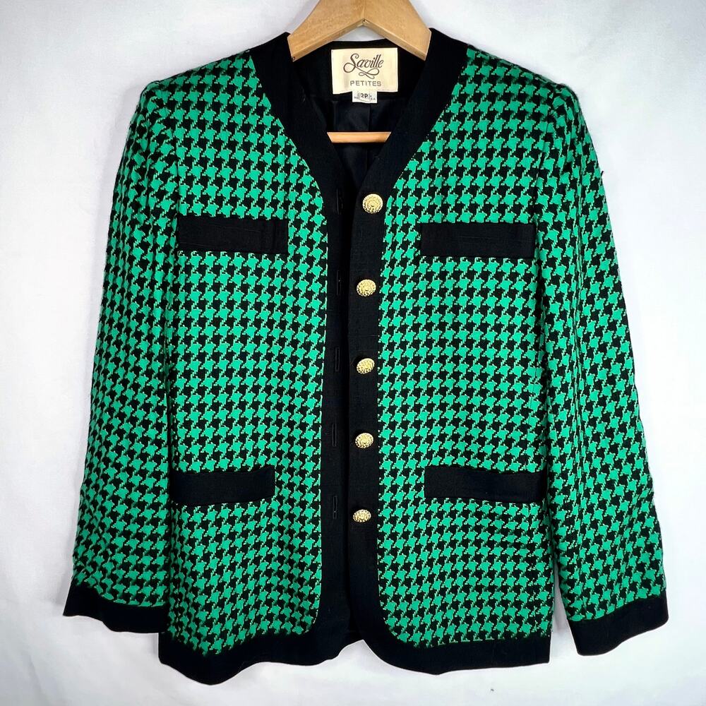 Vintage Saville Petites Teal Houndstooth Blazer 2P